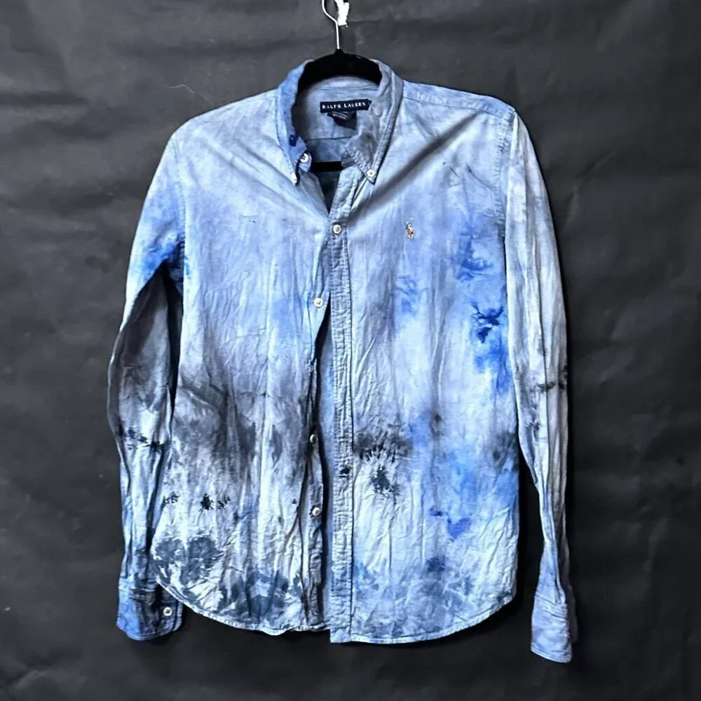 Ralph Lauren Cotton Blue Shirt Tie Dye  Casual Button Down Dress Size 16 Xl
